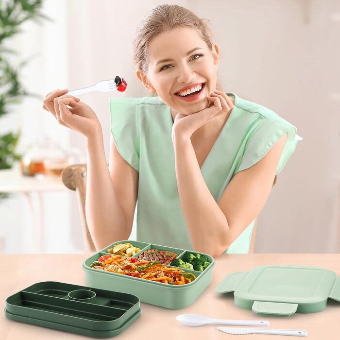 Ланчбокс для дорослих Sinnsally, 2000 мл, з роздільними відсіками, набір з контейнерами для бенто та столовими приборами, контейнер для перекусу, коробка для сніданку, герметичний контейнер для їжі, зелений