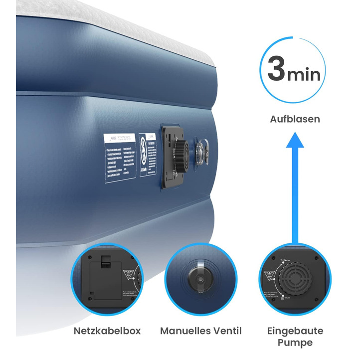 Надувне ліжко преміум-класу Active Era на 2 особи, надувний матрац самонадувний з вбудованим електричним насосом і вбудованою подушкою, надувний матрац для кемпінгу та гостьового ліжка - 203 x 152 x 43 см двоспальне