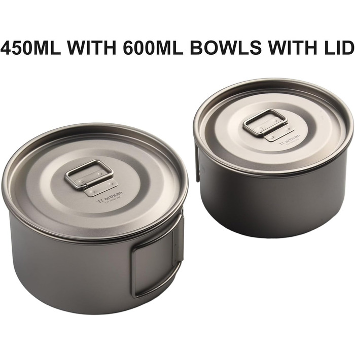 Кемпінгова миска зі складною ручкою, 450 мл або 600 мл, легкий, нержавіючий, безпечний для харчових продуктів посуд для походів, подорожей з рюкзаком та пікніків (450 мл з мисками 600 мл з