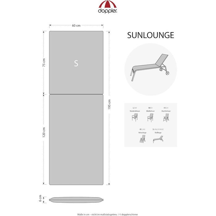 Доплер / Шезлонг на колесах Зірка / Подушка для садового шезлонга/Шезлонг на колесах/приблизно 195 x 60 x 6 см / Сірий