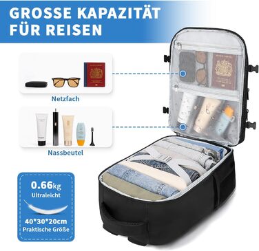 Для ручної поклажі Ryanair 40x30x20, рюкзак для подорожей з ручною поклажею об&39ємом 24 л для чоловіків та жінок, рюкзак для ноутбука 15 дюймів, сумка для ручної поклажі, невеликий рюкзак для літака 40x30x20 Eurowings, чорний