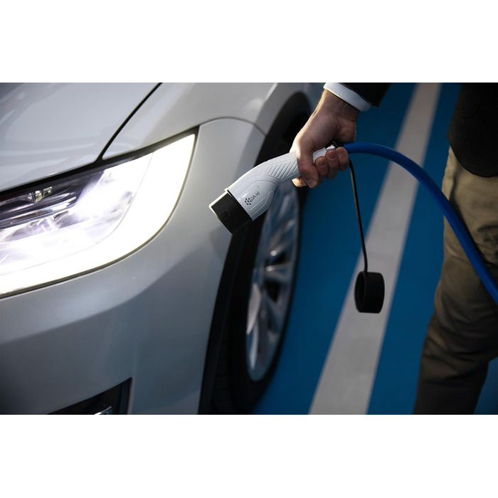 Зарядний кабель DA Hi EV тип 2 для електромобіля та PHEV 22KW 5m 32A 3-фазний, біло-блакитний, стійкий до вітру, дощу та пилу IP54