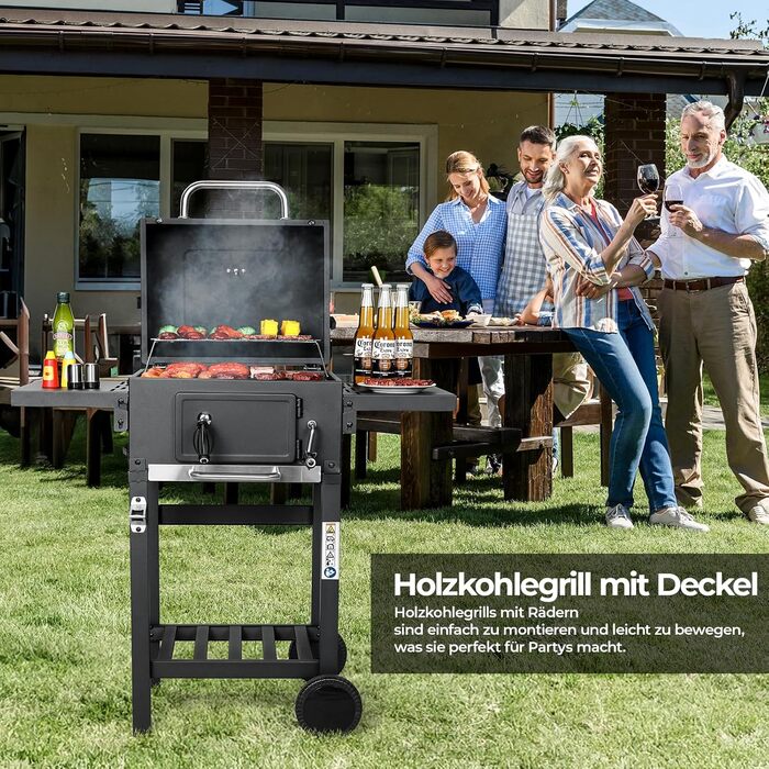 Вугільний гриль з кришкою та візком, BBQ коптильня, мобільний вугільний гриль на 2 колесах, з решіткою, термометром, компактний вугільний гриль-візок, регульований по висоті для кемпінгу та саду