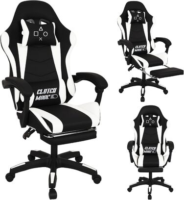 Ергономічне ігрове крісло FRANKYSTAR Clutch, офісне крісло з поперековою подушкою, підголівником та підставкою для ніг з ПВХ, чорно-біле