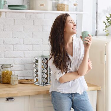 Карусель для спецій Relaxdays з 20 банками для спецій, обертається на 360, нержавіюча сталь, скло, підставка для спецій ВxГ 34 x 19 см, прямокутна, срібляста, 10032728