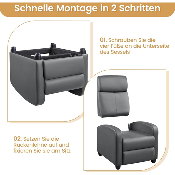 Крісло для телевізора Yaheetech з розкладним кріслом, функцією відкидання та регульованою підставкою для ніг, одномісний диван, штучна шкіра сірого кольору