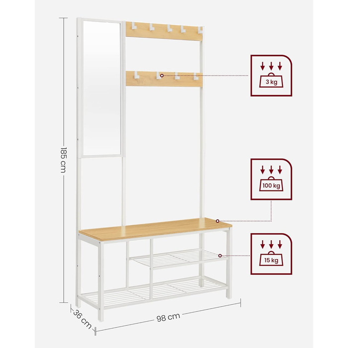 Вішалка для одягу, шафа з гачками, вішалка для одягу з дзеркалом, лавка для взуття та полиці, 36 x 98 x 185 см, для передпокою, спальні, вітальні, дубово-білий HSR050W09 Дуб біла полиця для взуття