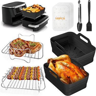 Аксесуари для фритюрниці VIRIECH Ninja, багаторазові аксесуари для подвійної фритюрниці з 8 частин, двокамерна силіконова форма для фритюрниці для Ninja Foodi AF400EU AF500EU та більшість двозонних фритюрниць