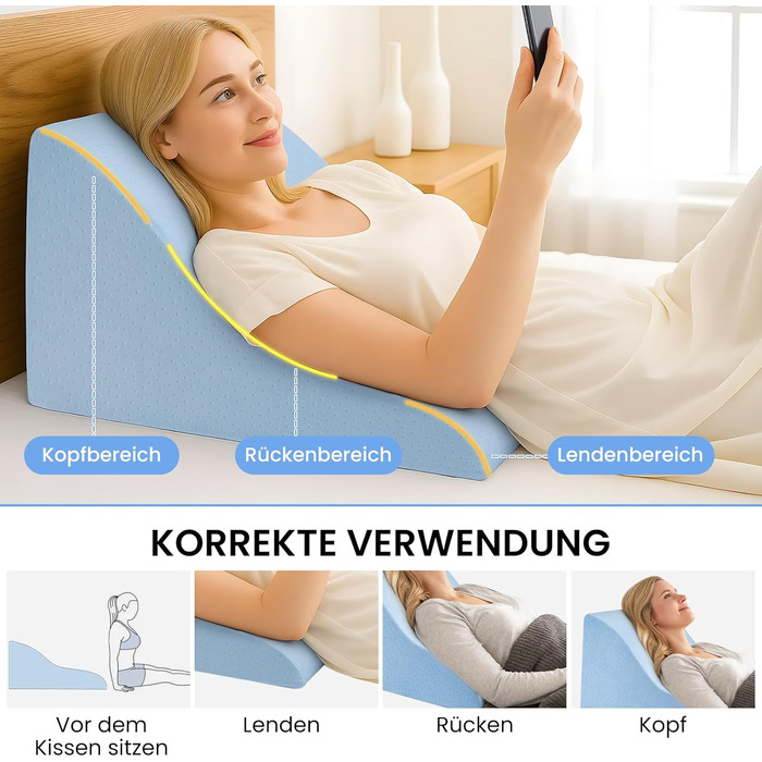 Подушка для читання для спини ліжка та дивана ергономічна клиноподібна подушка як опора для спини для читання, перегляду телевізора та відпочинку (синя)