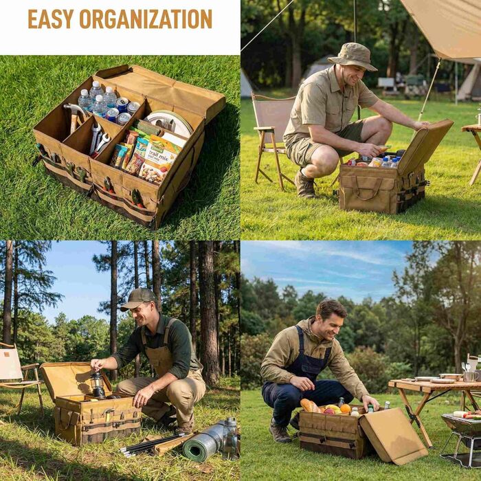 Органайзер для багажника, похідний, для перевезення вантажу та інструментів, посуду для кемпінгу, коробка, коричневий, великий, 600D водонепроникний Oxford поліестер, 4 відділення з ручкою