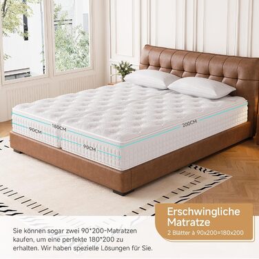 Матрац 90x200 см, висота 28 см, жорсткість H3/H4, 9-зонний пружинний матрац кишенькової форми з комфортною піною, ортопедичний ергономічний матрац, сертифікований Oeko-Tex та CertiPUR, полегшення тиску та болю в спині 90x200x28 см