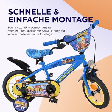 Дитячий велосипед Volare Rubble & Crew 12 35 років Ручне та ножне гальмо, знімні бічні колеса, захист ланцюга та світловідбивачі Регульоване сідло Подарунок для дівчаток та хлопчиків