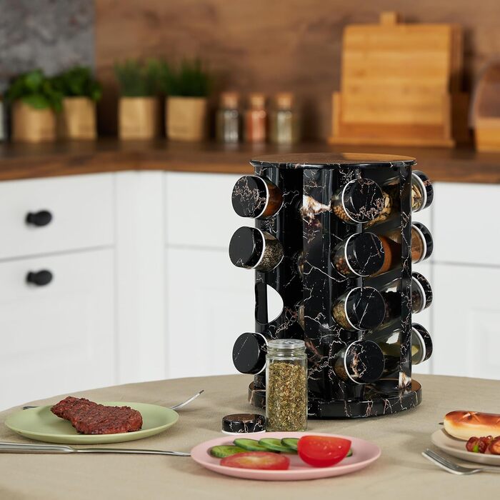 Карусель для спецій Relaxdays з 16 баночками для спецій, зі вставкою-шейкером, обертовий, багаторазовий блок для спецій, мармуровий вигляд, чорний