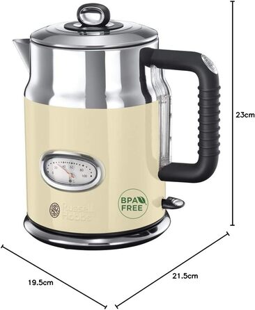 Чайник Russell Hobbs 1,7 л, 2400 Вт ретро кремовий та полірована нержавіюча сталь (функція швидкого закипання, індикатор температу