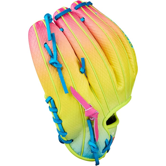 Бейсбольні рукавички Wilson Autumn 2025 A2000 сині/оптично-жовті/рожеві для внутрішнього поля - 11,5 футів для кидка правою рукою