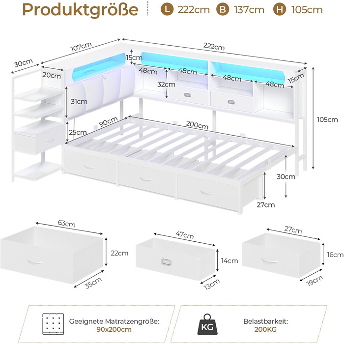 Дитяче ліжко DICTAC 90x200 з 6 шухлядами, світлодіодним освітленням та зарядною станцією Багатофункціональне ліжко з мяким узголівям, вбудованою тумбочкою та прихованим місцем для зберігання в узголівї (біле)