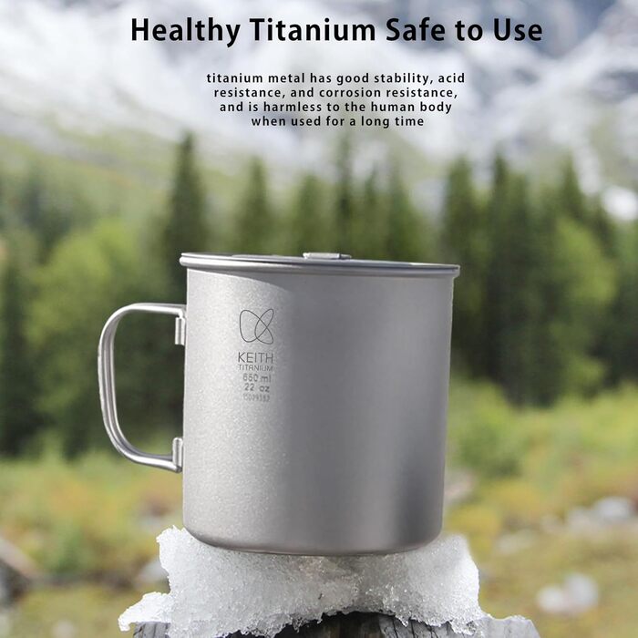 Кухоль Keith Titan Mug, кемпінговий горщик, чашка для кави та чаю на відкритому повітрі з кришкою та складною ручкою 200 мл/300 мл/400 мл/450 мл/500 мл/600 мл/900 мл, легкий посуд для походів, пікніка, напоїв (600 мл Ti3207)