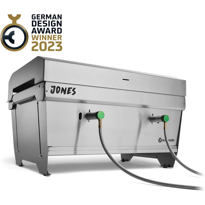 Складаний газовий гриль BURNHARD JONES з нержавіючої сталі з кришкою, 2 конфорки, 6,4 кВт, включаючи сумку для перенесення з функцією рюкзака та мультиінструмент, складаний гриль ідеально підходить для кемпінгу, складаний гриль JONES з 2 конфорками