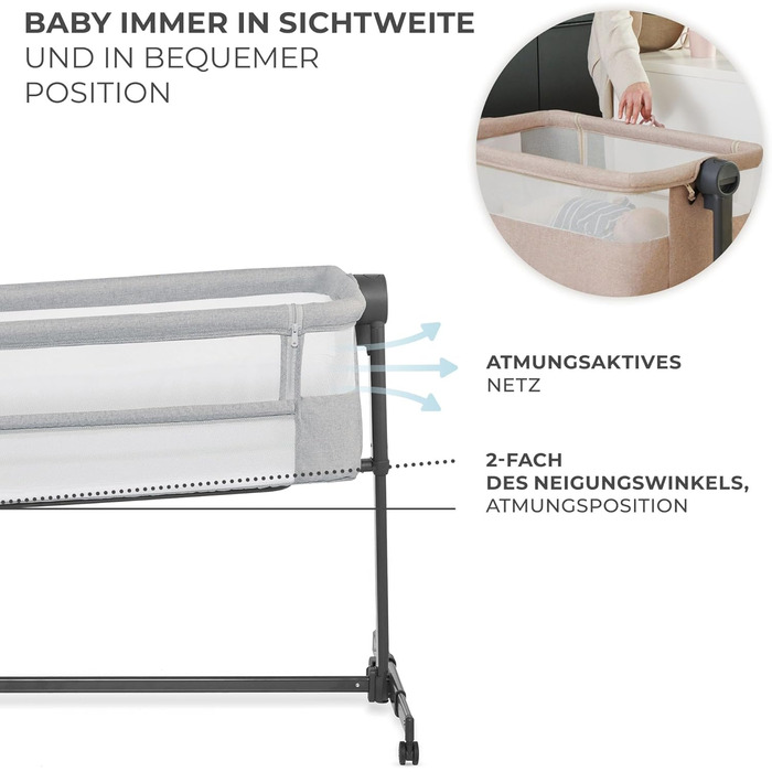 В-1 приліжкове ліжечко, дорожнє ліжечко з матрацом та простирадлом, 5-рівневе регулювання висоти матраца, 4 колеса з гальмами, м&39який матеріал, легка конструкція, сірий Neste Grey, 2 2-