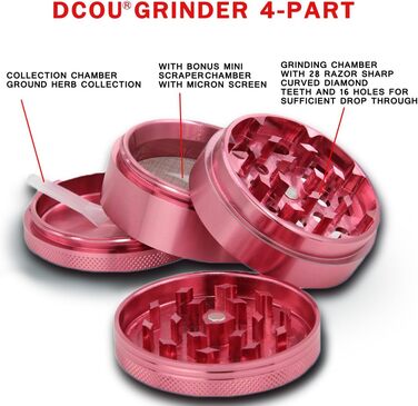 Преміум подрібнювач Cruncher Стійкий до ударів алюмінієвий подрібнювач Дробарка для спецій Подрібнювач спецій з квітами на кришці Магнітна Ø55 мм Металева кавомолка 4 шт. и рожева