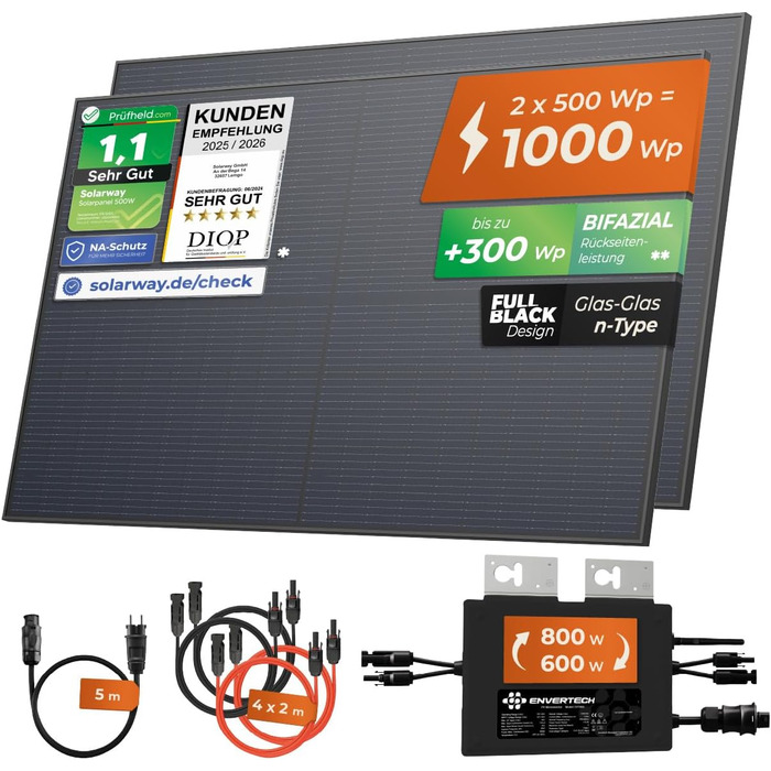 Балконна електростанція Solarway 1000 Вт, комплектна розетка 800 Вт - Найновіший інвертор 800 Вт - Повний комплект сонячної системи - Двосторонні сонячні панелі 500 Вт, Envertech та аксесуари (монтажний кронштейн не входить до комплекту)