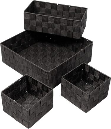 Набір із 4 кошиків для зберігання SilkKorb без кришок, під ротанг, штабелювані полиці з плетеного нейлону, коробки для зберігання, кошики для ванної кімнати, кошики для зберігання в шафах, на кухні, у вітальні (чорний)