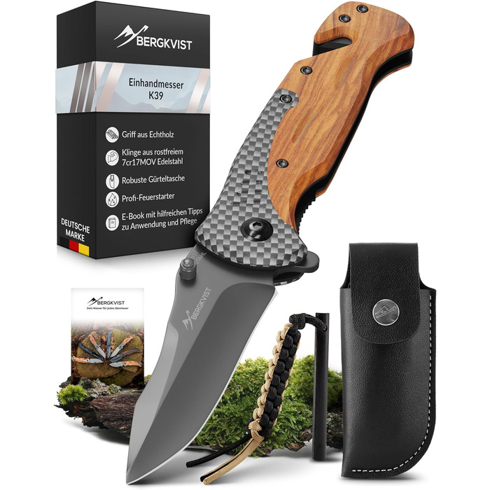 Складаний ніж BERGKVIST K39 (одноручний ніж) з лісової деревини для активного відпочинку та виживання - гострий кишеньковий ніж 3-