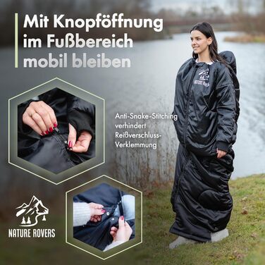 Спальник з рукавами Спальники для дорослих, для активного відпочинку та кемпінгу 3 сезони Спальник-ковдра з отворами біля ніг 220x80 см, водовідштовхувальний В комплекті подушка Nature Rovers Black