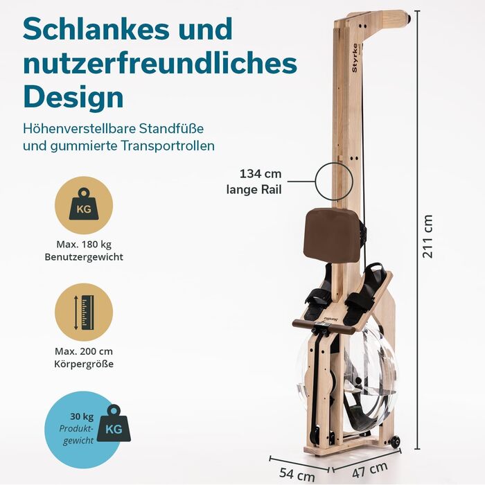 Водний гребний тренажер преміум-класу Skandika Styrke Зроблено в Німеччині, дерев&39яний водний гребний тренажер, функція застосунку Kinomap, домашній гребний тренажер, масив ясена з Німеччини, природний досвід веслування, до 180 кг, арктично-білий, корич