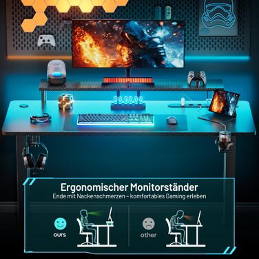 Ігровий стіл зі світлодіодним підсвічуванням, 160 x 60 см, ігровий стіл з 3 розетками та 2 USB-портами, комп&39ютерний стіл з підставкою для монітора, стабільний ігровий стіл для ПК для офісу та ігор, чорний, стіл 160 см