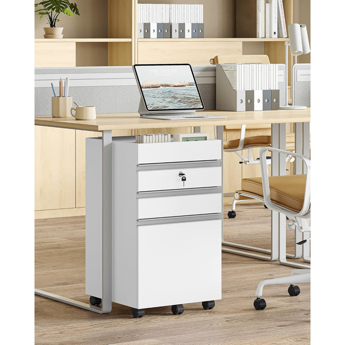 Контейнер на колесах Hzuaneri, шафа для документів, офісна шафа, що замикається, з 3 шухлядами, додаткове місце для зберігання зверху, шафа з шухлядами для формату DIN A4, Letter, для офісу, домашнього офісу, 40 x 40 x 70 см Білий FC41003XV1