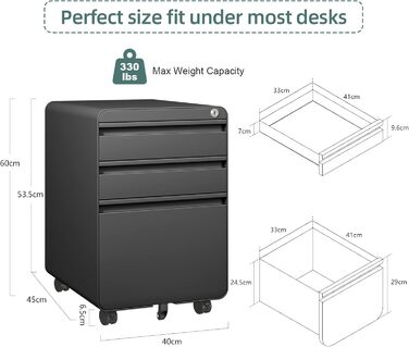 Металевий контейнер на колесах Dripex, сталевий контейнер на колесах з 3 шухлядами та підвісною системою для документів, офісна шафа, що замикається, офісний контейнер, 5 коліс, шафа для документів, 40 x 45 x 60 см, чорний, 40 x 45 x 60 см