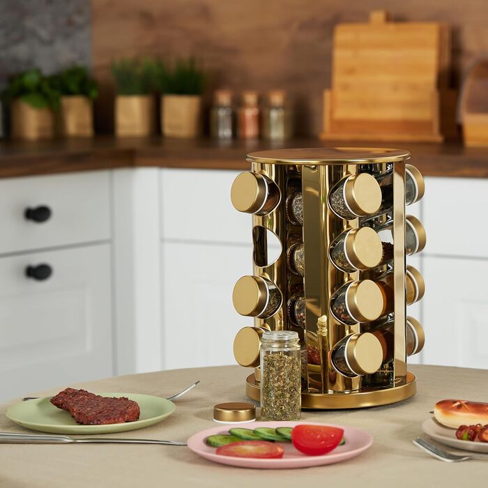 Карусель для спецій Relaxdays, 16 банок для спецій, обертається на 360, нержавіюча сталь, скло, В x Г 27,5 x 20 см, кругла підставка для спецій, золота