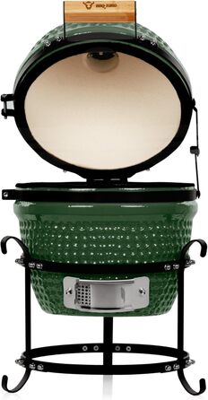 Вугільний гриль Haiiro Ø 32 см з термометром, дерев'яна ручка зелений керамічний гриль Kamado, міні-гриль на вугіллі, міні-гриль к
