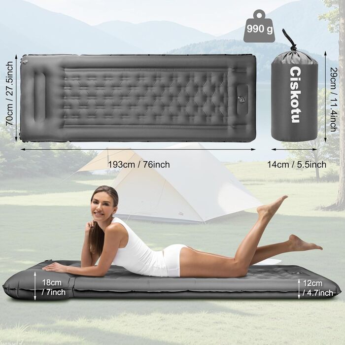 Самонадувальний килимок для сну, надувний матрац 12 см з ножним насосом, надлегкий для кемпінгу на свіжому повітрі, невеликий розмір у упаковці, сірий килимок/матрац для сну
