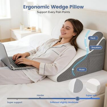 Подушка для читання для ліжка та дивана, ергономічна подушка для спини, регульована клиноподібна подушка з піною з ефектом пам&39яті для підтримки спини під час відпочинку, гри, читання або перегляду телевізора