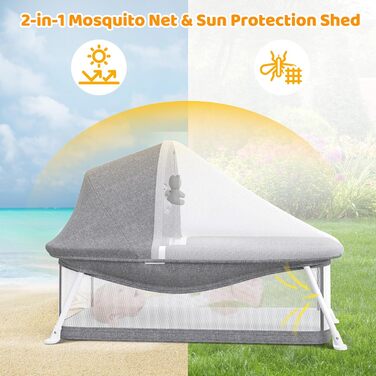 Дитяче ліжечко-дорожнє, підходить для дітей віком від 0 до 5 місяців, портативний намет-ліжечко, складається в маленький розмір, оснащений москітною сіткою та іграшками, зона лежання 80 x 40 см (сіра)