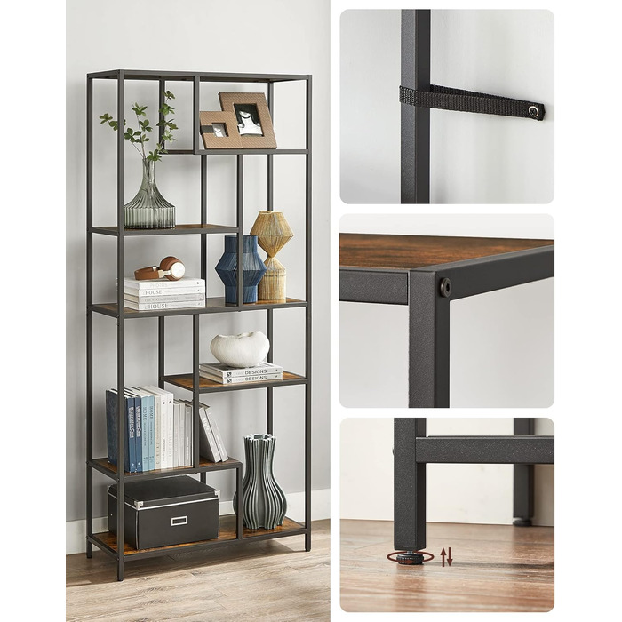 Книжкова полиця VASAGLE, блок із 6 полицями, окремостояча полиця, полиці з ДСП, 30 x 80 x 180 см, для кабінету, офісу, вітальні, спальні, кухні, чорний колір - вінтажний коричневий LLS119B01 чорний колір вінтажний коричневий колір, ДСП сталь