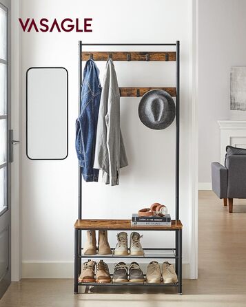 Вішалка для одягу, Вішалка для одягу з полицями для взуття, Вішалка для взуття із сидінням, для передпокою, з гачками, 3 полиці, Метал, Висота 177 см, Промисловий дизайн, Вінтажний коричнево-чорний HSR41BX 70 x 177 см Вінтажний коричневий чорний
