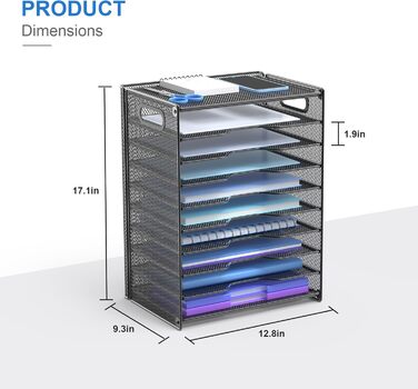 Рівневий настільний органайзер OUTWOLF з ручкою, міцний металевий органайзер для паперу, лоток для листів, відділення для зберігання, офісне приладдя для документів формату A4, паперу, книг, журналів (чорний) 10-рівневий настільний органайзер, 10-