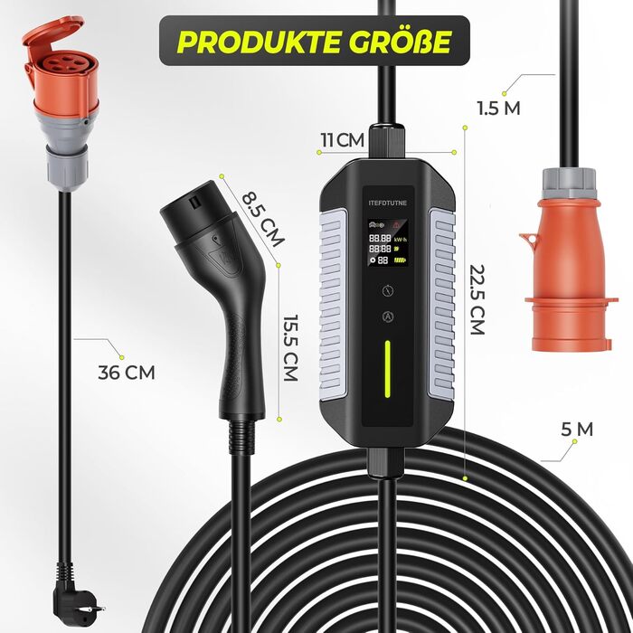 Зарядний кабель типу 2 11 кВт з вилкою CEE, 7M 6-16A 3-фазний з регульованою потужністю зарядки, мобільний настінний блок / зарядн