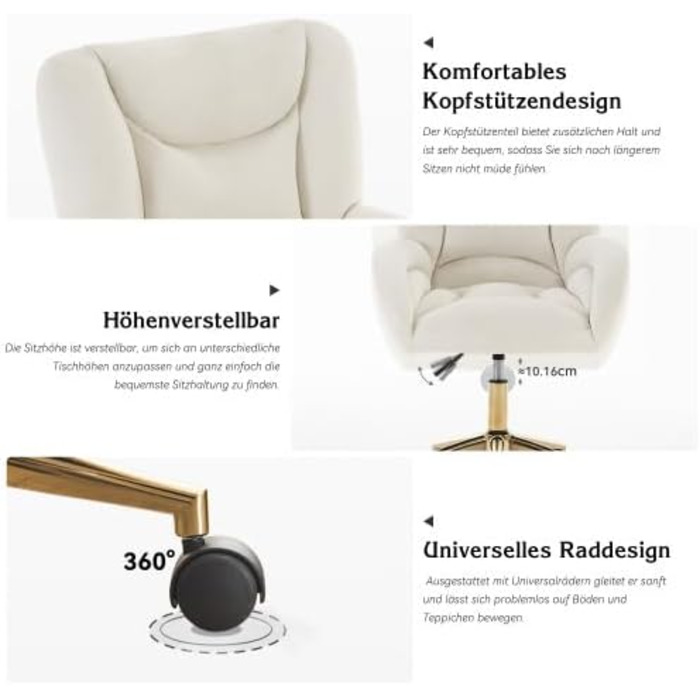 Бежеве робоче крісло з підголівником регульоване по висоті обертове крісло з велюрової тканини, крісло для домашнього офісу з підлокітниками та золотими ніжками, легке складання