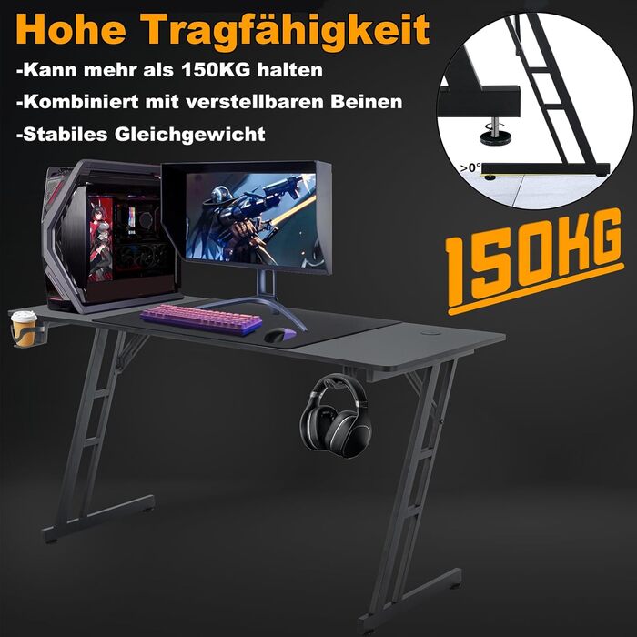 Ігровий стіл UISEBRT - 120x60x74 см ігровий комп&39ютерний стіл з вуглецевим волокном - ергономічний ігровий стіл до 150 кг для спальні та офісу