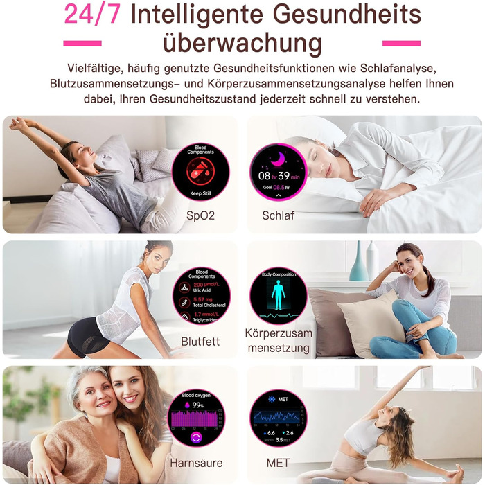 Жіночий смарт-годинник з ЕКГВСР/годинником заряду батареї/тиском батареї/ІМТ/сечовою кислотою, круглий 1,43-дюймовий AMOLED годинник для здоров&39я з функцією телефону, 24-годинний монітор серцевого ритму, монітор сну, фітнес-трекер менструального циклу, 