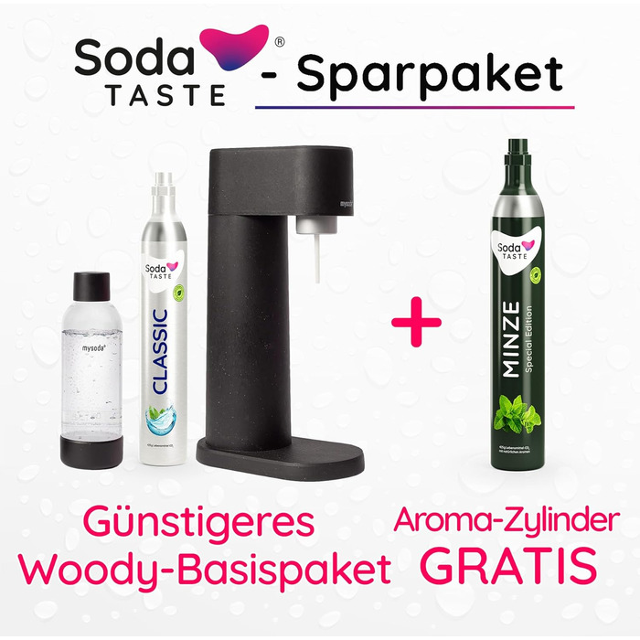 Економ-пакет Mysoda Woody - поновлюваний деревний композитний виробник газованої води з пластиковою пляшкою 1 л без BPA, класичний балон CO2 м'ятний балон CO2 (чорний)