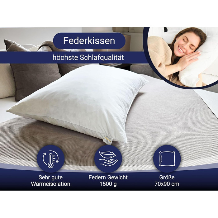 Пухова подушка ZOLLNER - Виготовлено в Німеччині - Наповнювач 100 пір&39я - Чохол з високоякісної бавовни - Можна прати при температурі до 60C - 70x90 см - Готельна якість 70 x 90 см Білий