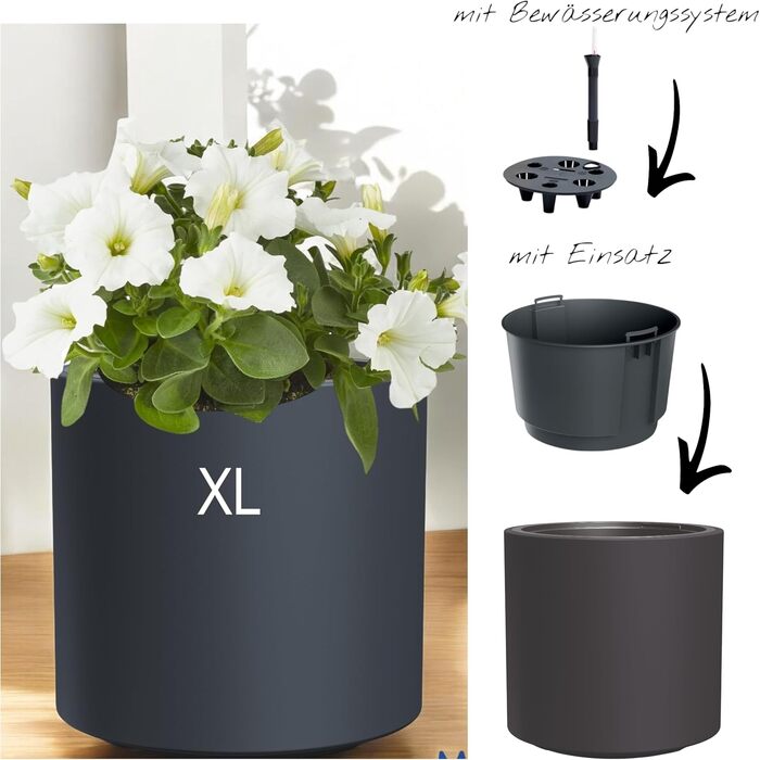 Квітковий горщик MELTOM з вкладишем та системою поливу Круглий та сучасний Морозостійкий та стійкий до ультрафіолету Пластиковий горщик для використання в приміщенні та на вулиці (Антрацит, XL) Антрацит XL
