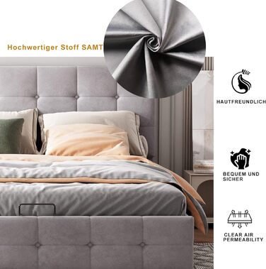 М&39яке ліжко 140x200, двоспальне ліжко з узголів&39ям, ліжко з місцем для зберігання речей, дитяче ліжко з гідравлічним місцем для зберігання речей, функціональне ліжко, гостьове ліжко, каркас ліжка з рейковою основою, без матраца, оксамит (сірий)