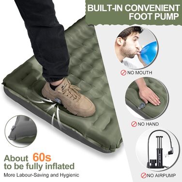 Килимок для сну в кемпінгу, надувний матрац товщиною 12 см, невеликий розмір упаковки, водонепроникний надувний матрац для вулиці з ножним насосом та подушкою, килимок для сну з антиріпстопом для походів та пляжу, армійський зелений
