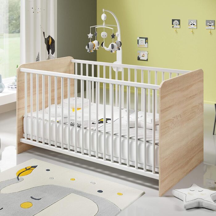 Безпечне дитяче ліжко WIKI зі спальним місцем 70 x 140 см - Гарне дитяче ліжечко для безпечного сну в кольорі Sonoma Oak Look, білий колір - 144 x 80 x 82 см (Ш/В/Г) 144Д x 82Ш x 80В см